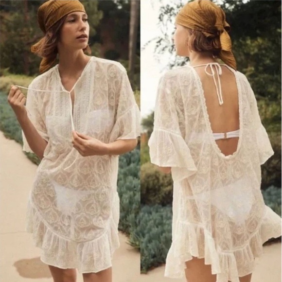 Anthropologie Tops - Anthropologie Tunic Boho Eyelet Embroidered Swim Cover Up Cream Sheer Viscose M